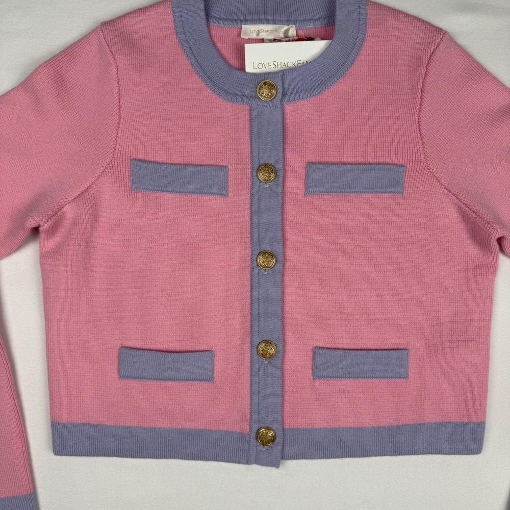 LoveShackFancy Elif Cardigan Sweater Pink Lavender 100% Wool Gold Button Women M - Picture 4 of 11